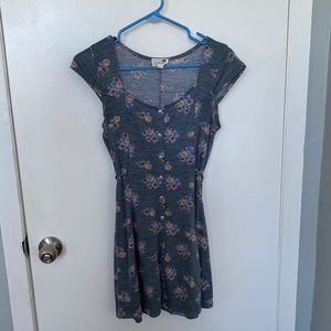 🔥 Grey Blue Floral Dress with Tie At Waist